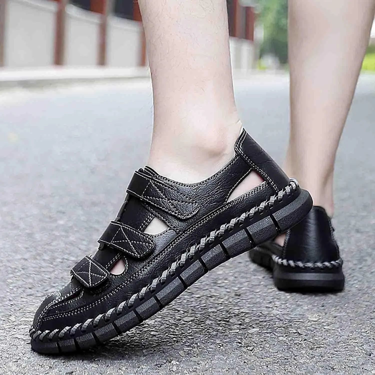 MEBAMY Men Leather Sandals Breathable Closed-Toe Summer Beach Classic Hiking Shoes