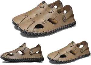 MEBAMY Men Leather Sandals Breathable Closed-Toe Summer Beach Classic Hiking Shoes