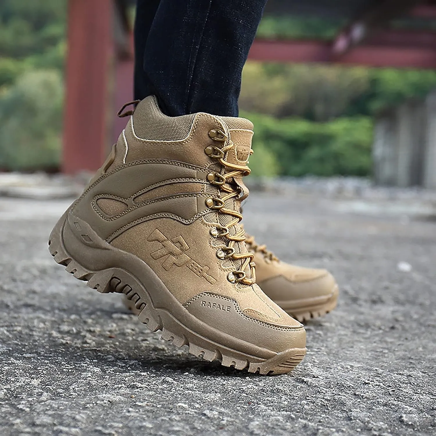 Mens High-top Outdoor Combat Boots, Durable Suede Leather and Rubber Sole Military Work and Desert Boots, for Hiking Camping Lace-up Sports Trekking Boots