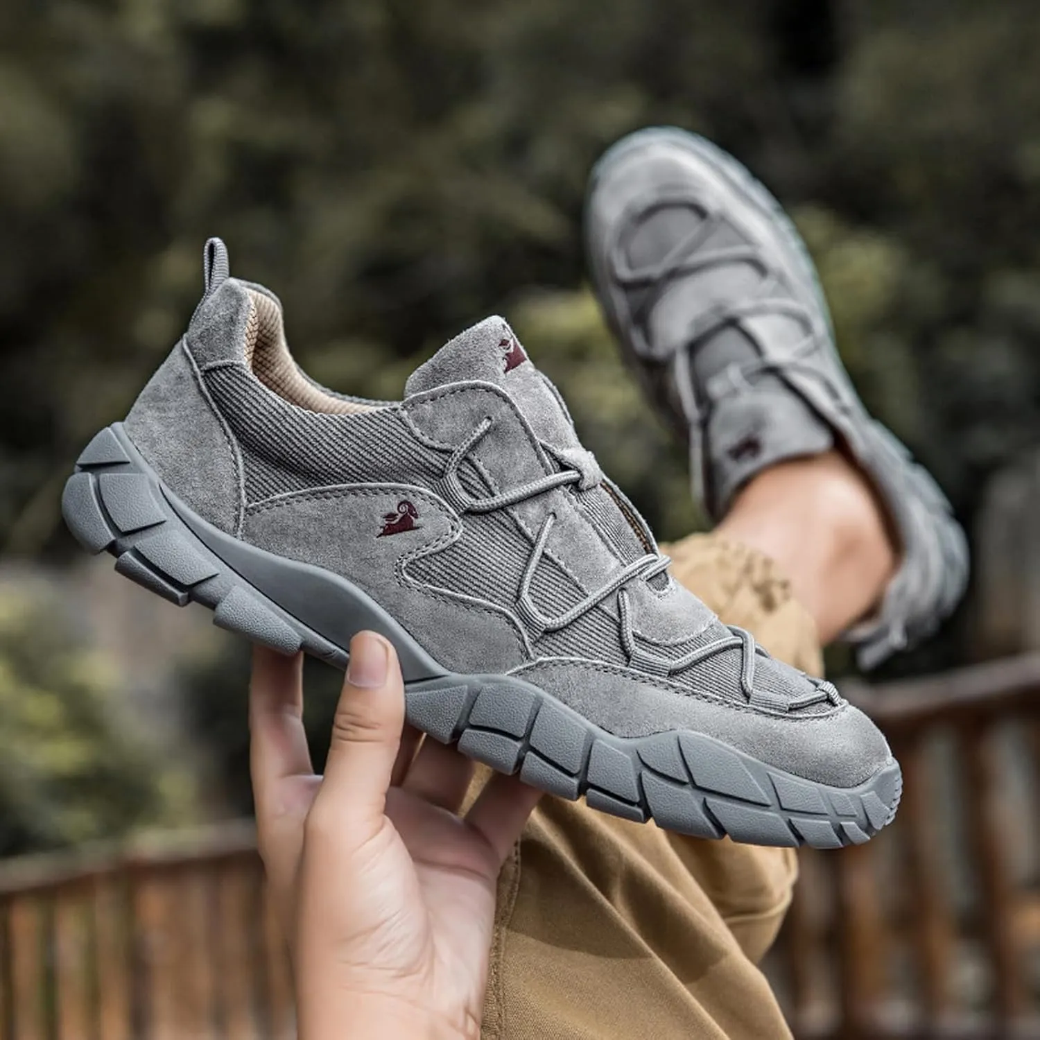 Men's Knitted Lace Up Suede Hiking Shoes Lightweight Mesh Fashion Breathable Casual Sneakers Anti-Slip Outdoor Camping Walking Driving Shoes