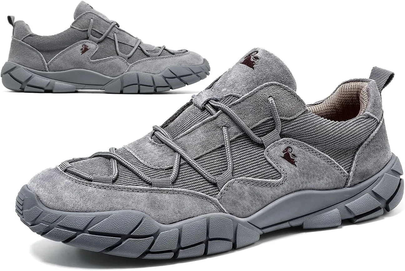 Men's Knitted Lace Up Suede Hiking Shoes Lightweight Mesh Fashion Breathable Casual Sneakers Anti-Slip Outdoor Camping Walking Driving Shoes