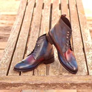 Men's Military Brogue Boots Patina Leather Wide Plus Size Blue Burgundy 3024