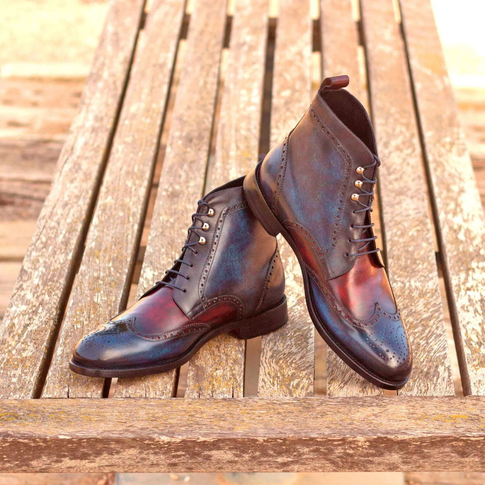 Men's Military Brogue Boots Patina Leather Wide Plus Size Blue Burgundy 3024