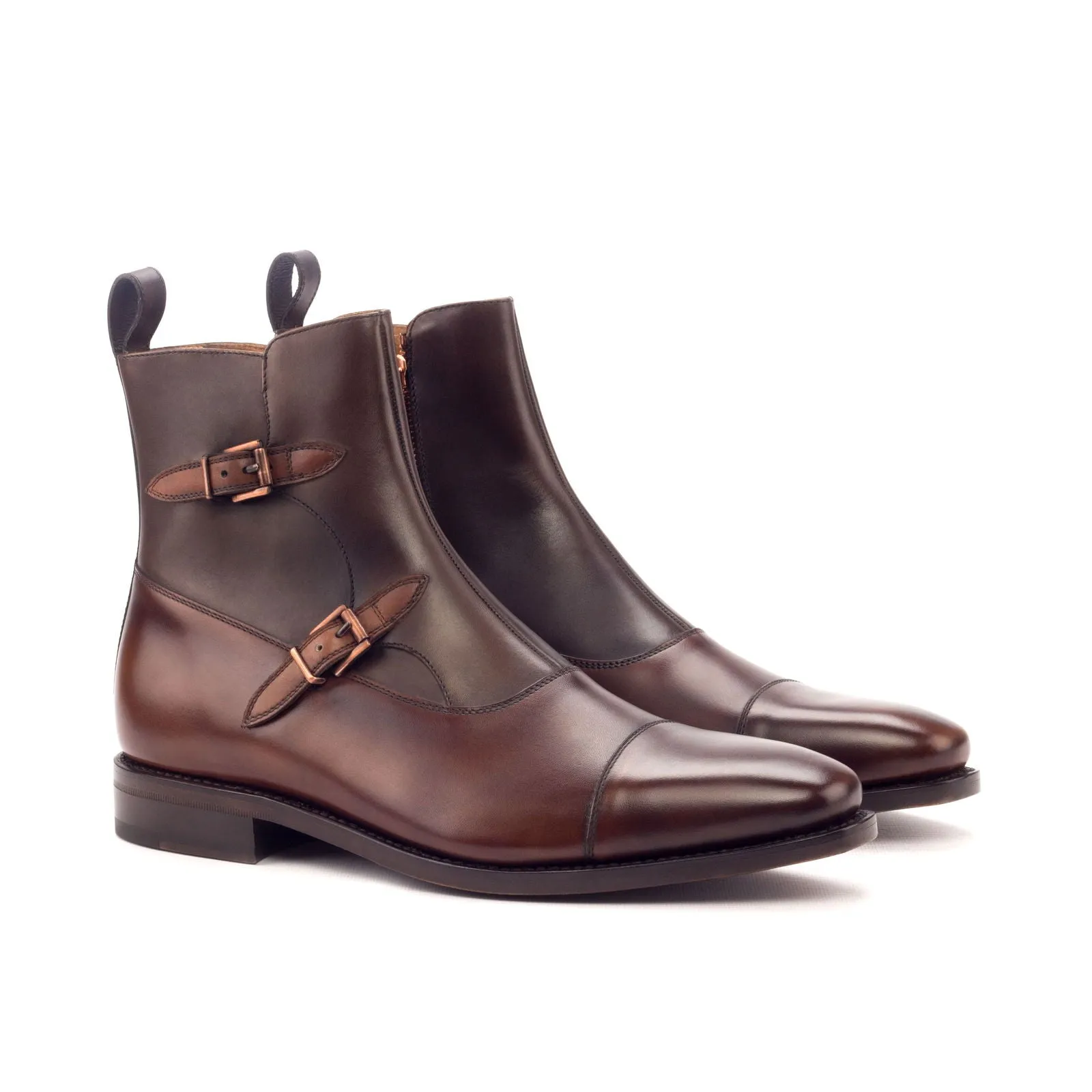 Men's Octavian Buckle Leather Boots Goodyear Welt Wide Plus Size Brown Dark Brown 3302