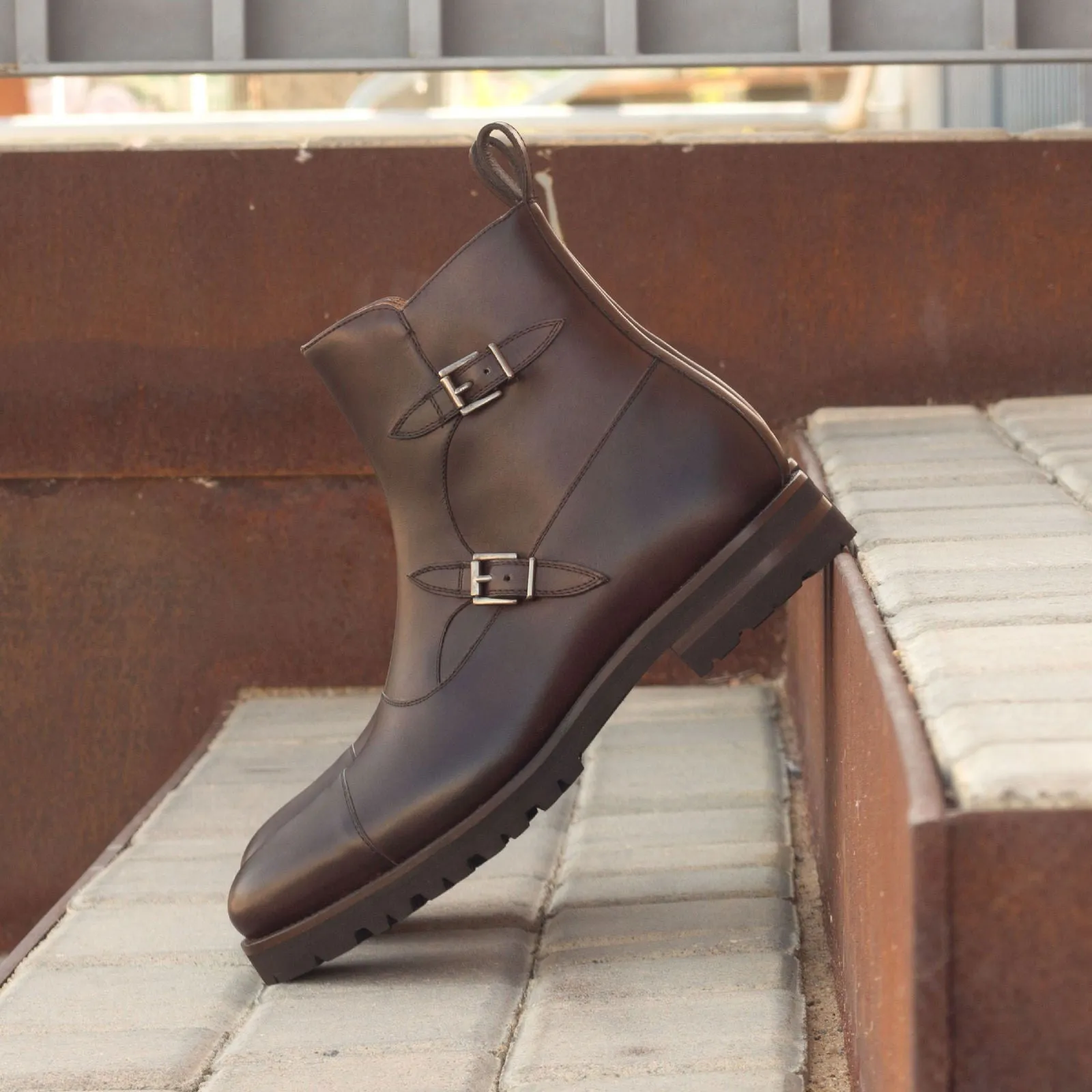 Men's Octavian Buckle Leather Boots Wide Plus Size Dark Brown 2962