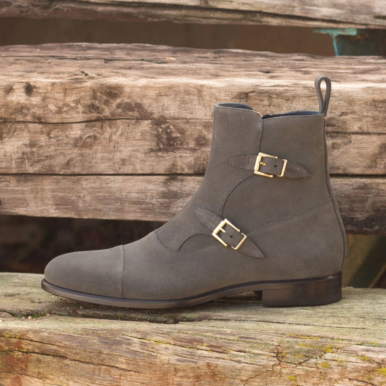 Men's Octavian Buckle Leather Boots Wide Plus Size Grey 3125