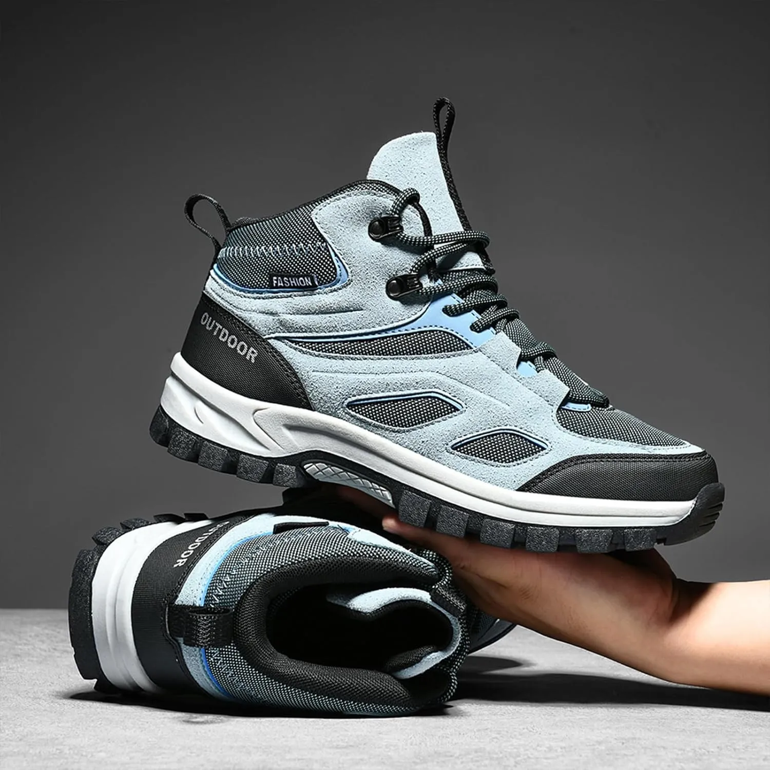Men's Outdoor Lace-Up Hiking Shoes Fashion Round Toe Breathable Mesh Anti Slip Platform High top Trekking Trail Shoes