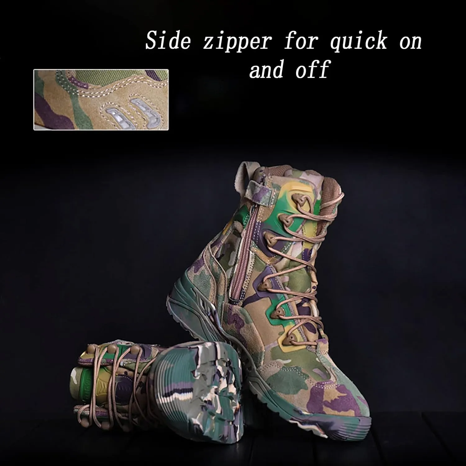 Men's Ultralight Combat Boots, Spring Autumn Outdoor Comfort Breathable with Zipper Hiking Shoes, for Desert Durable Lace-up Sports Tactical Military Boots