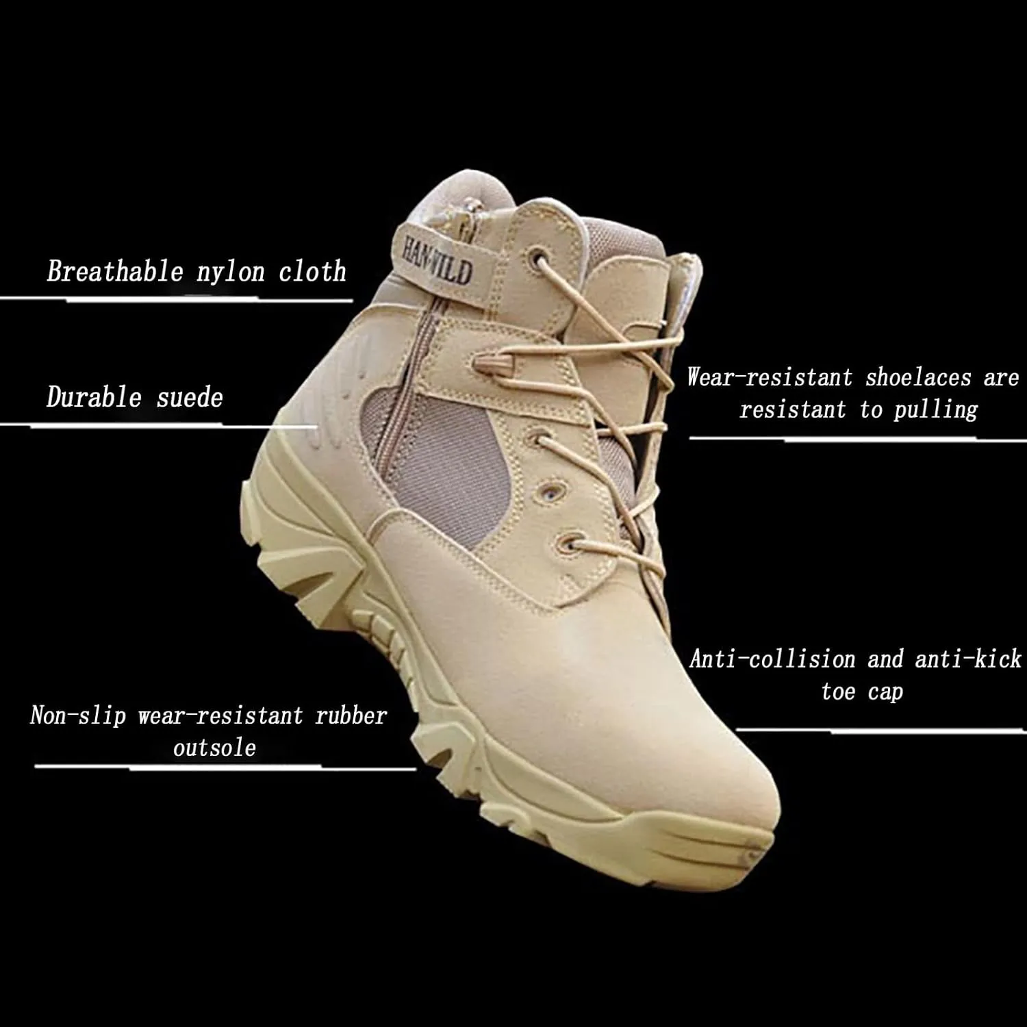 Men's Ultralight Tactical Military Boots, Comfort Breathable with Zipper Rubber Sole Hiking Shoes, for Outdoor Lace-up Sports Durable Desert Combat Shoes
