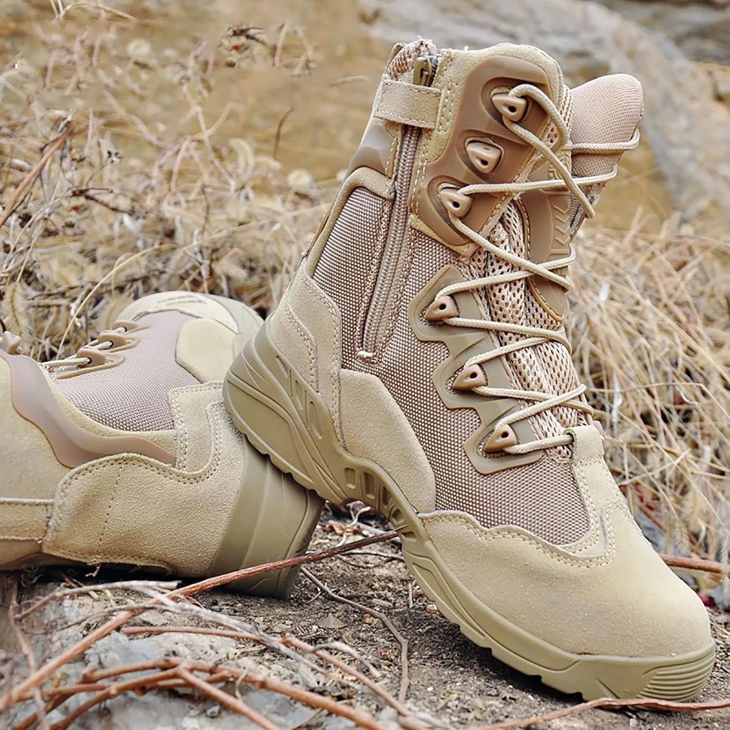 Men's Ultralight Tactical Military Boots, Spring Autumn Outdoor Breathable with Zipper Hiking Shoes, for Lace-up Comfortable Durable Desert Combat Shoes