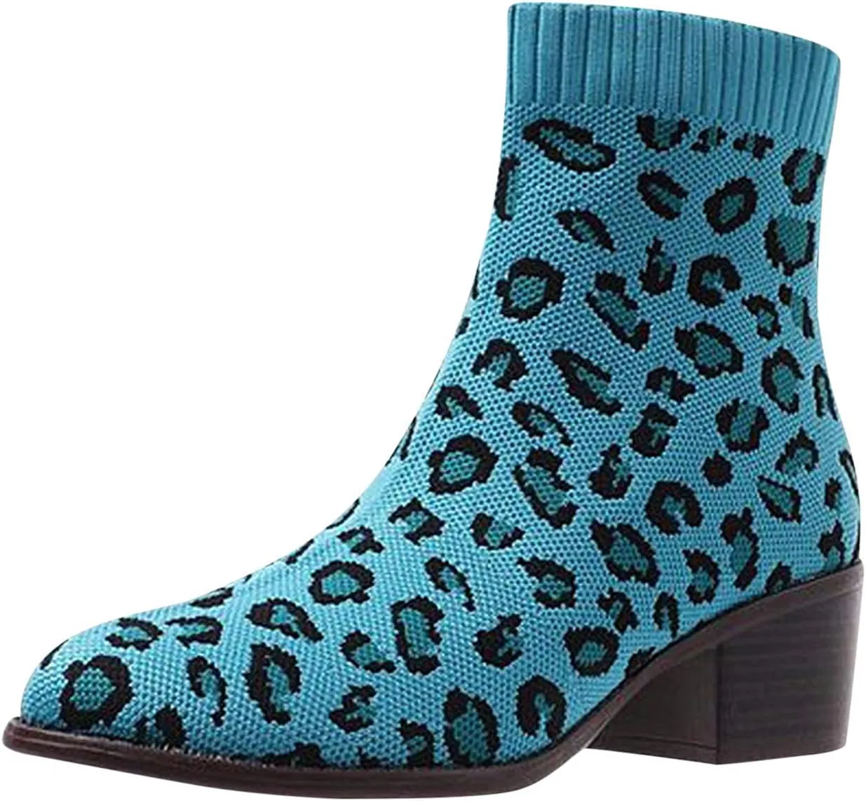 oiangi Women's Chunky Heel Knitted Elastic Boots Fashion Leopard Print Round Toe Thick Heel Slip-on Short Boots Casual Trendy Ladies High Heels Shoes