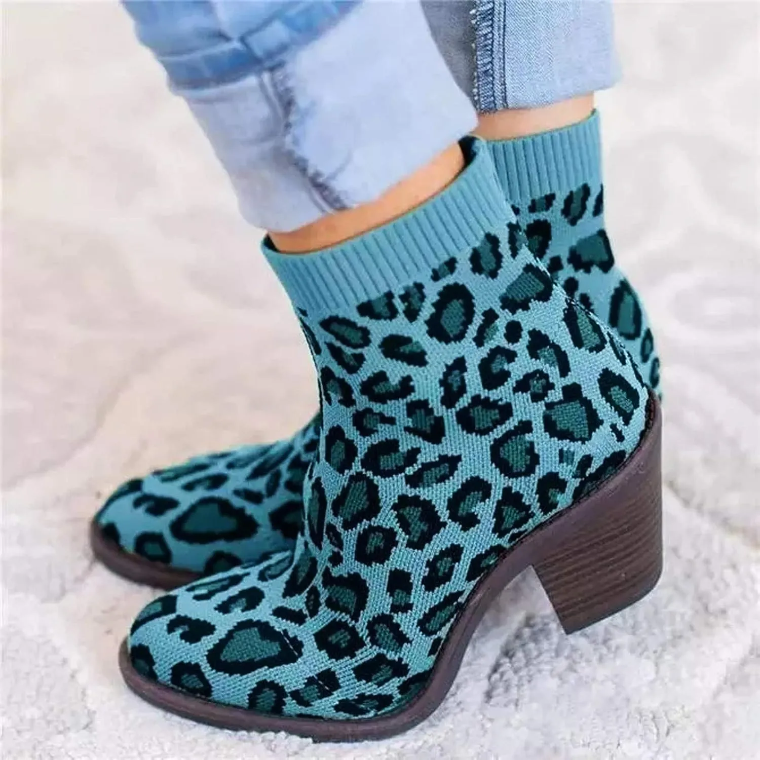 oiangi Women's Chunky Heel Knitted Elastic Boots Fashion Leopard Print Round Toe Thick Heel Slip-on Short Boots Casual Trendy Ladies High Heels Shoes