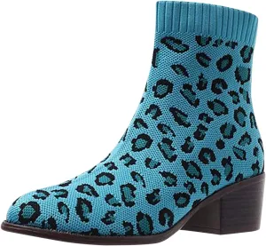 oiangi Women's Chunky Heel Knitted Elastic Boots Fashion Leopard Print Round Toe Thick Heel Slip-on Short Boots Casual Trendy Ladies High Heels Shoes