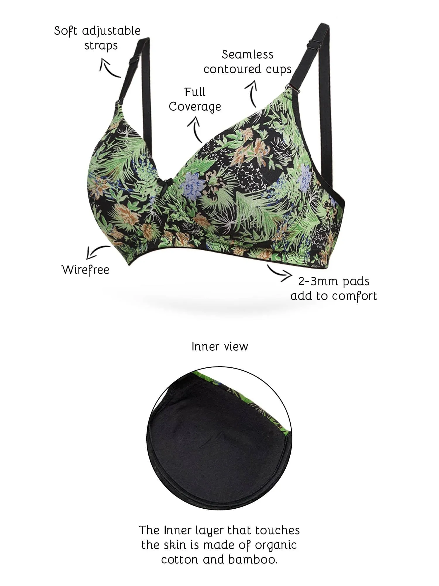 Organic Cotton Antimicrobial Wire-Free Padded Bra-ISB068-Jungle Print-