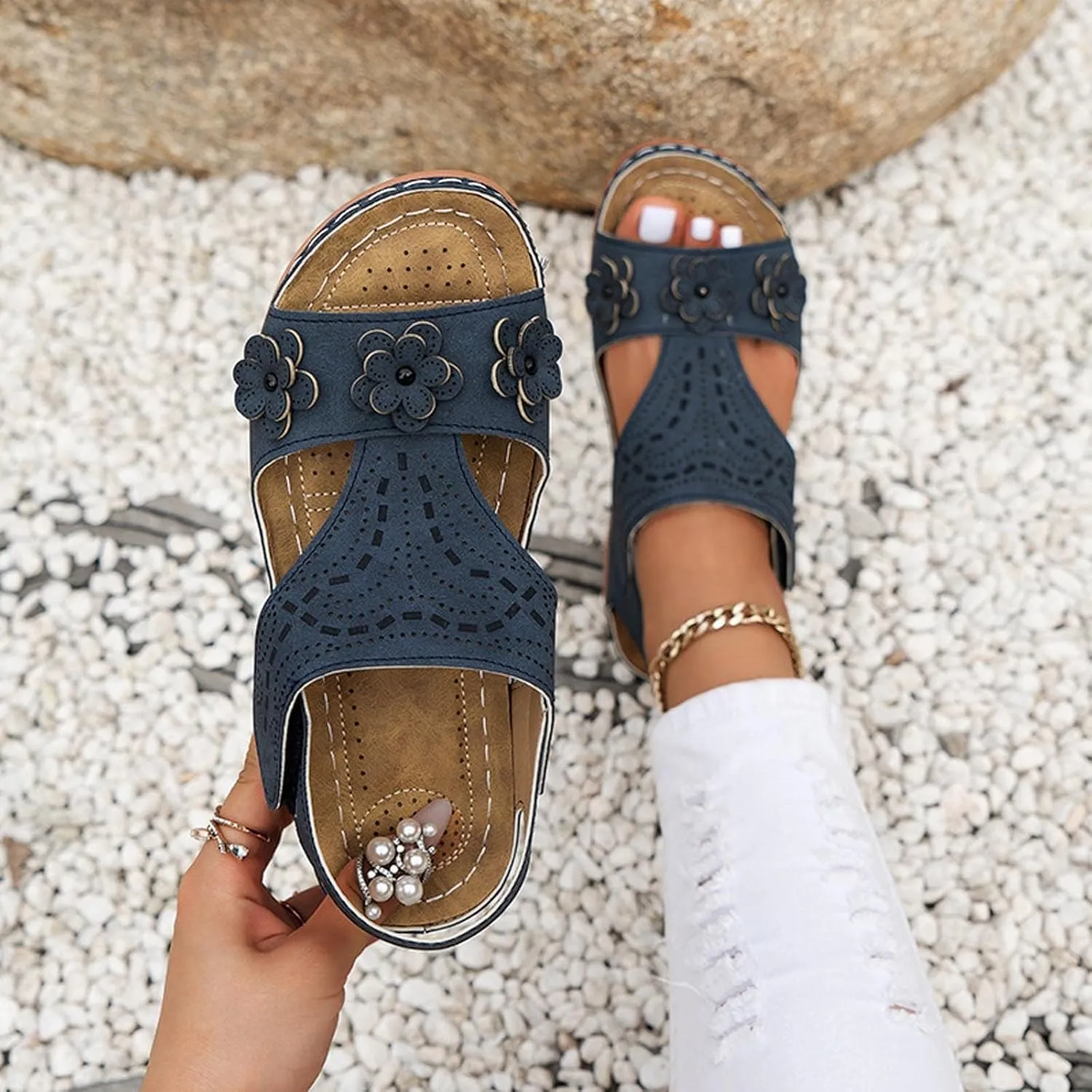 Orthopedic Sandals for Women with Arch Support Flower Sandals Ankle Strap Fish Mouth Open Toe Slip On Slipper