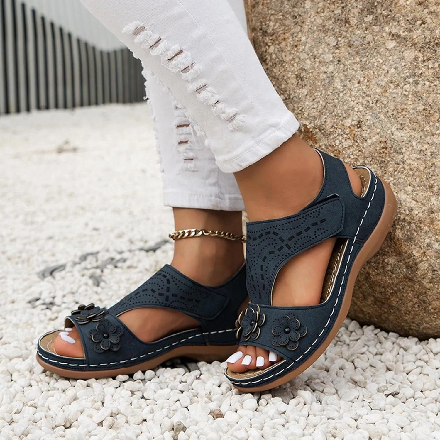 Orthopedic Sandals for Women with Arch Support Flower Sandals Ankle Strap Fish Mouth Open Toe Slip On Slipper