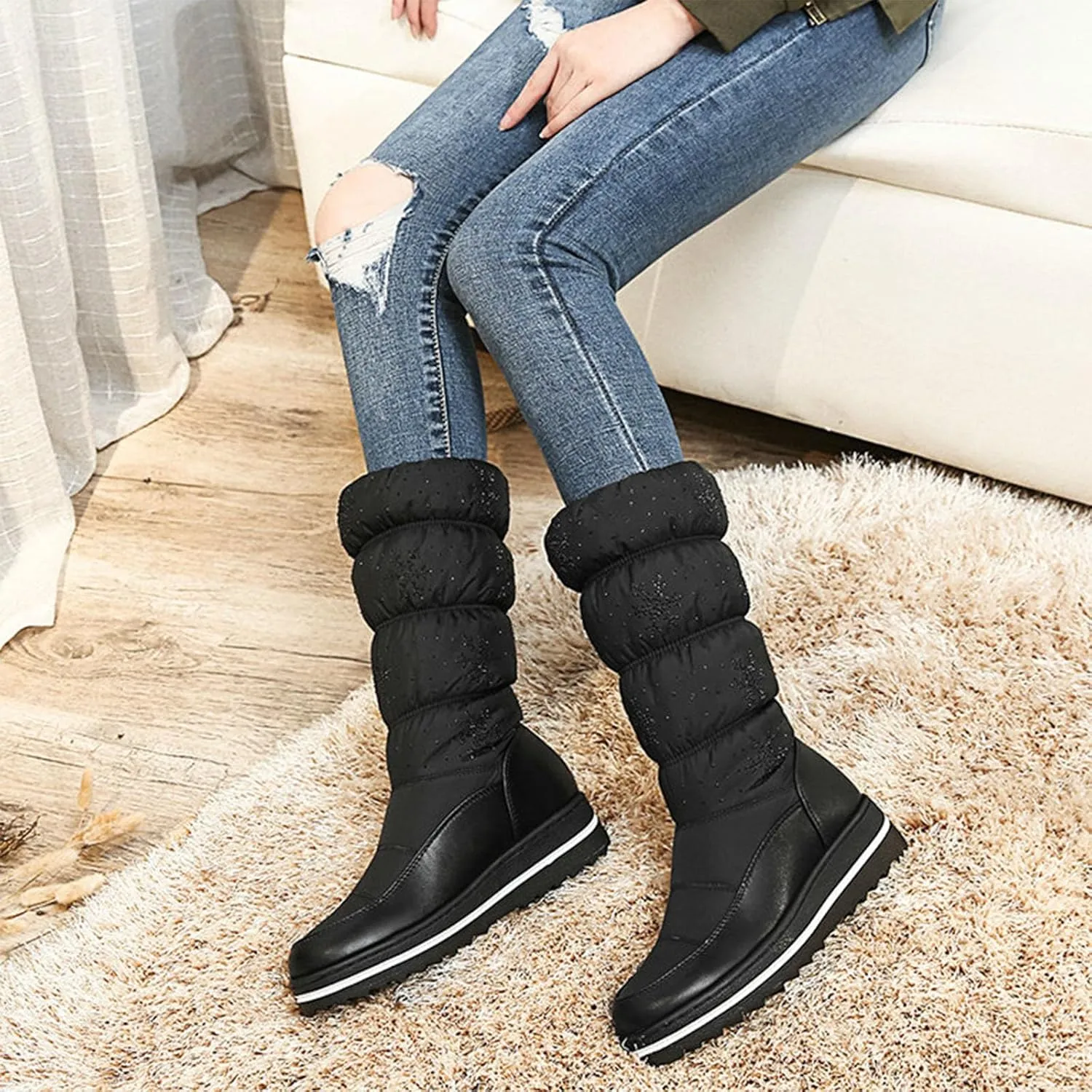 Outdoor Snow Boots, Women's Mid-Calf Plush Boots Round-Toe Wedge-Heel Pull-On Plush Down Boots For Women Waterproof Plush Warm Ski And Mountaineering Boots