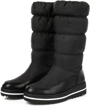 Outdoor Snow Boots, Women's Mid-Calf Plush Boots Round-Toe Wedge-Heel Pull-On Plush Down Boots For Women Waterproof Plush Warm Ski And Mountaineering Boots