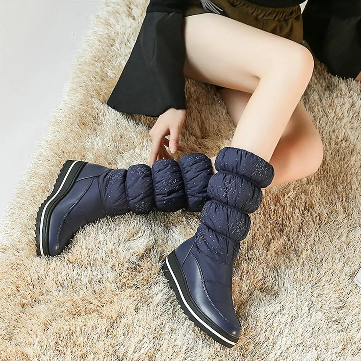 Outdoor Snow Boots, Women's Mid-Calf Plush Boots Round-Toe Wedge-Heel Pull-On Plush Down Boots For Women Waterproof Plush Warm Ski And Mountaineering Boots