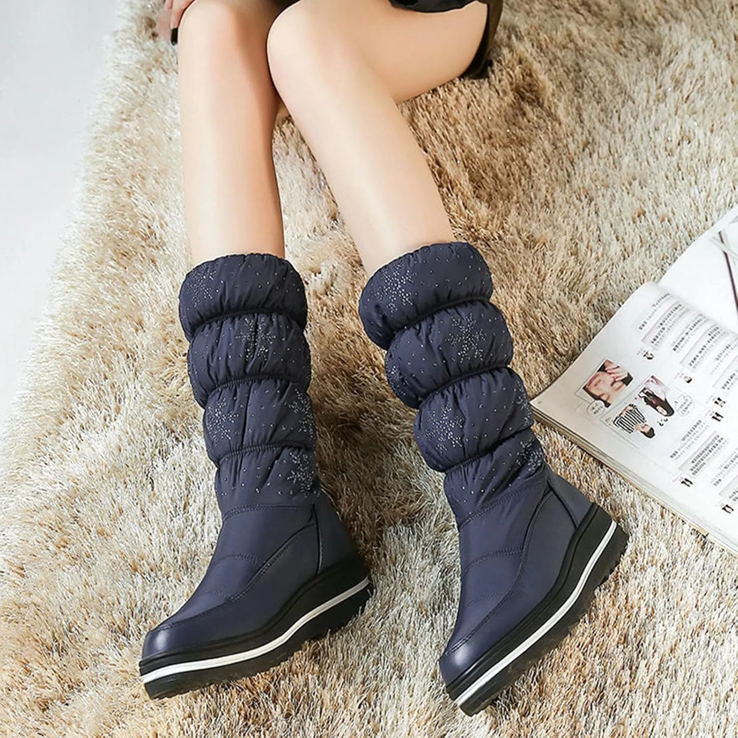 Outdoor Snow Boots, Women's Mid-Calf Plush Boots Round-Toe Wedge-Heel Pull-On Plush Down Boots For Women Waterproof Plush Warm Ski And Mountaineering Boots