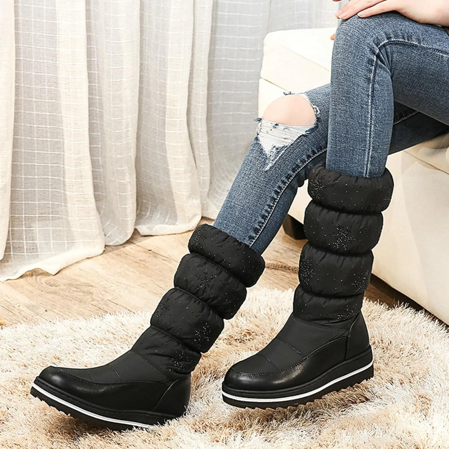 Outdoor Snow Boots, Women's Mid-Calf Plush Boots Round-Toe Wedge-Heel Pull-On Plush Down Boots For Women Waterproof Plush Warm Ski And Mountaineering Boots
