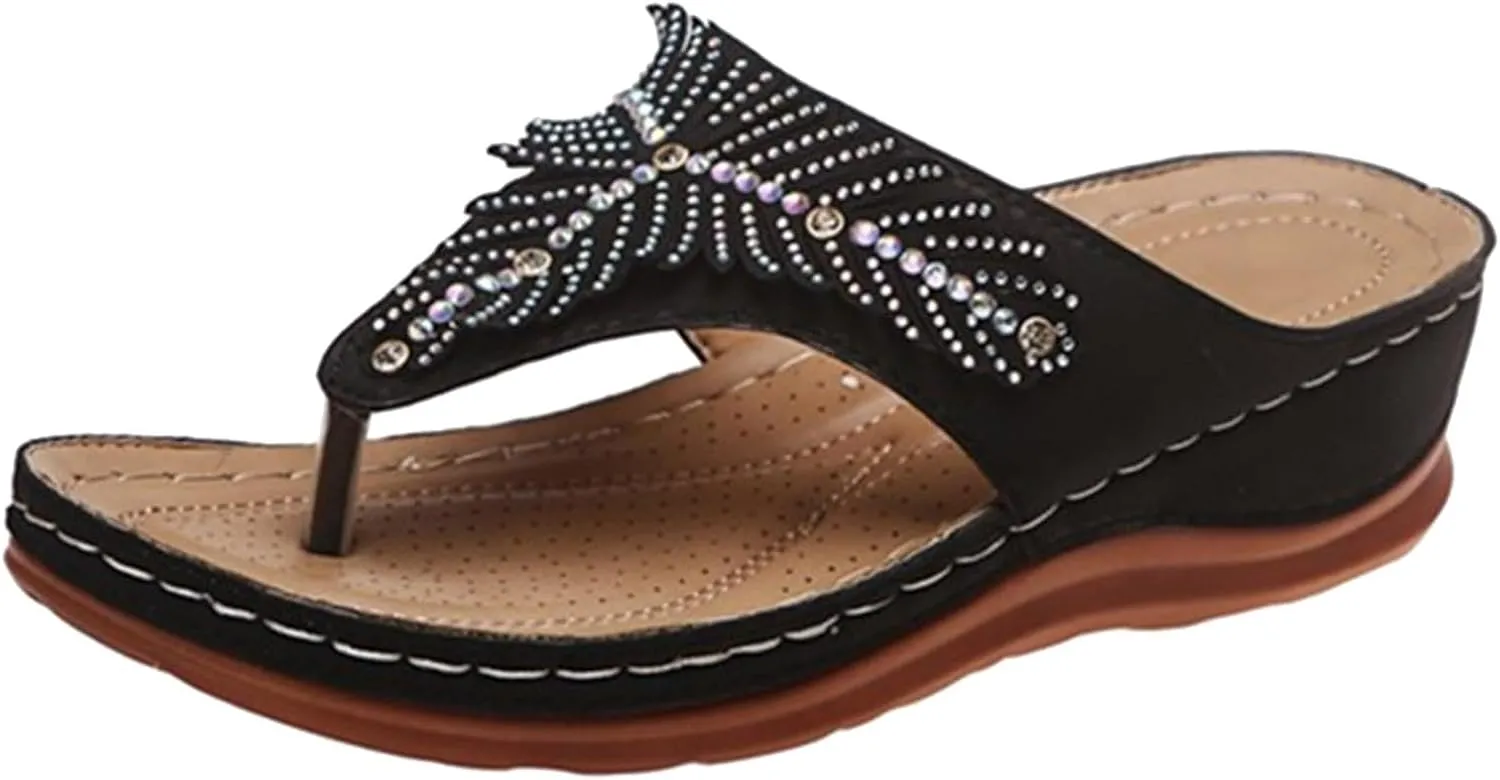 peqiut Sandals for Women Rhinestones Beach Flip Flops Slippers Summer Breathable Wedge Wide Width Ladies Sandals Women