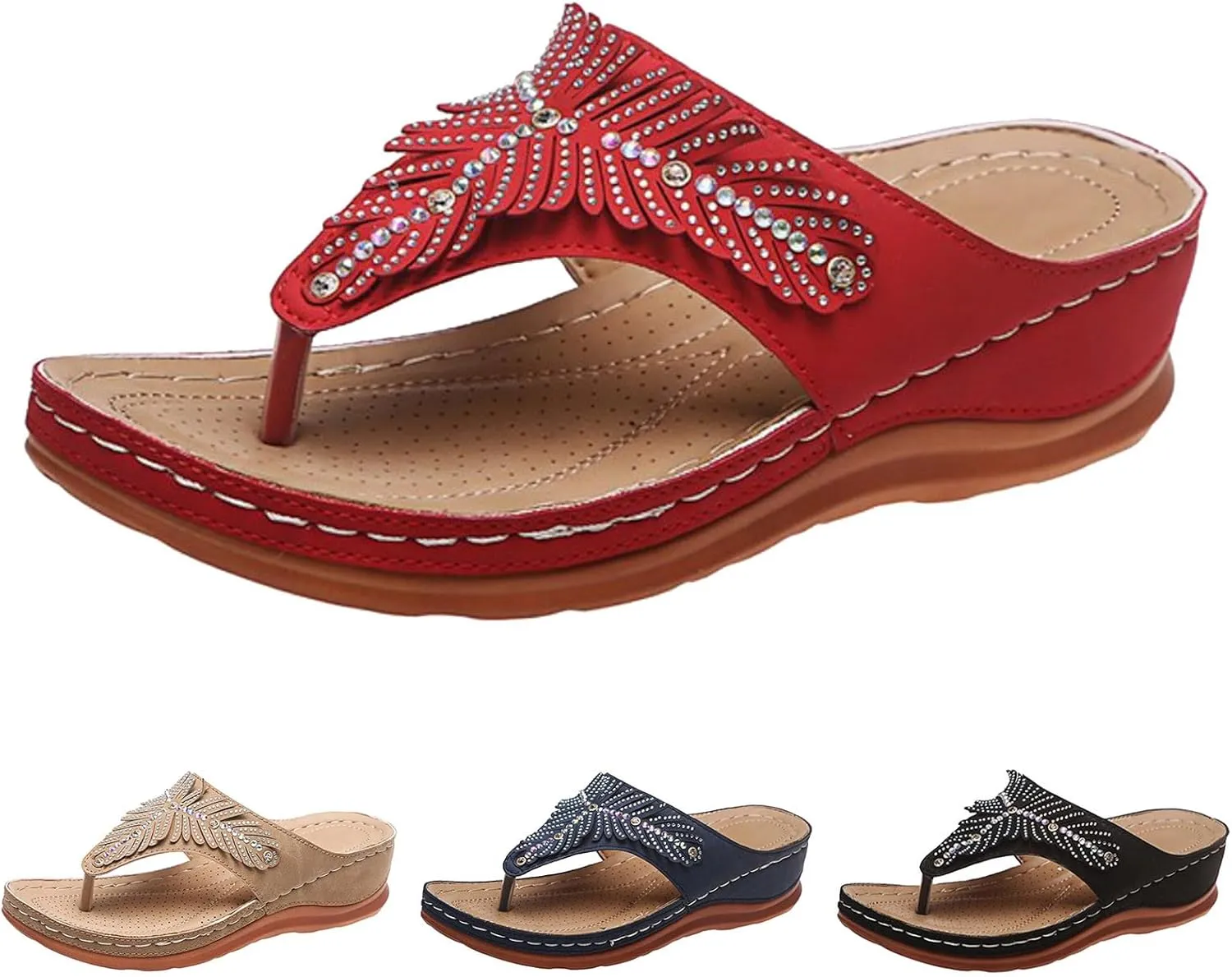 peqiut Sandals for Women Rhinestones Beach Flip Flops Slippers Summer Breathable Wedge Wide Width Ladies Sandals Women