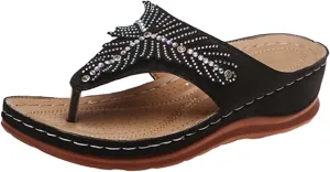 peqiut Sandals for Women Rhinestones Beach Flip Flops Slippers Summer Breathable Wedge Wide Width Ladies Sandals Women