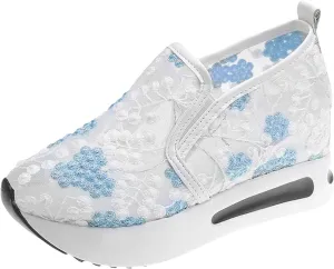Platform Wedge Sneakers for Women Fashion Floral Embroidered Mesh Shoe Comfort Chunky Sole Hidden High Heels Slip On Loafers Dressy Casual Breathable Walking Shoes with Arch Support