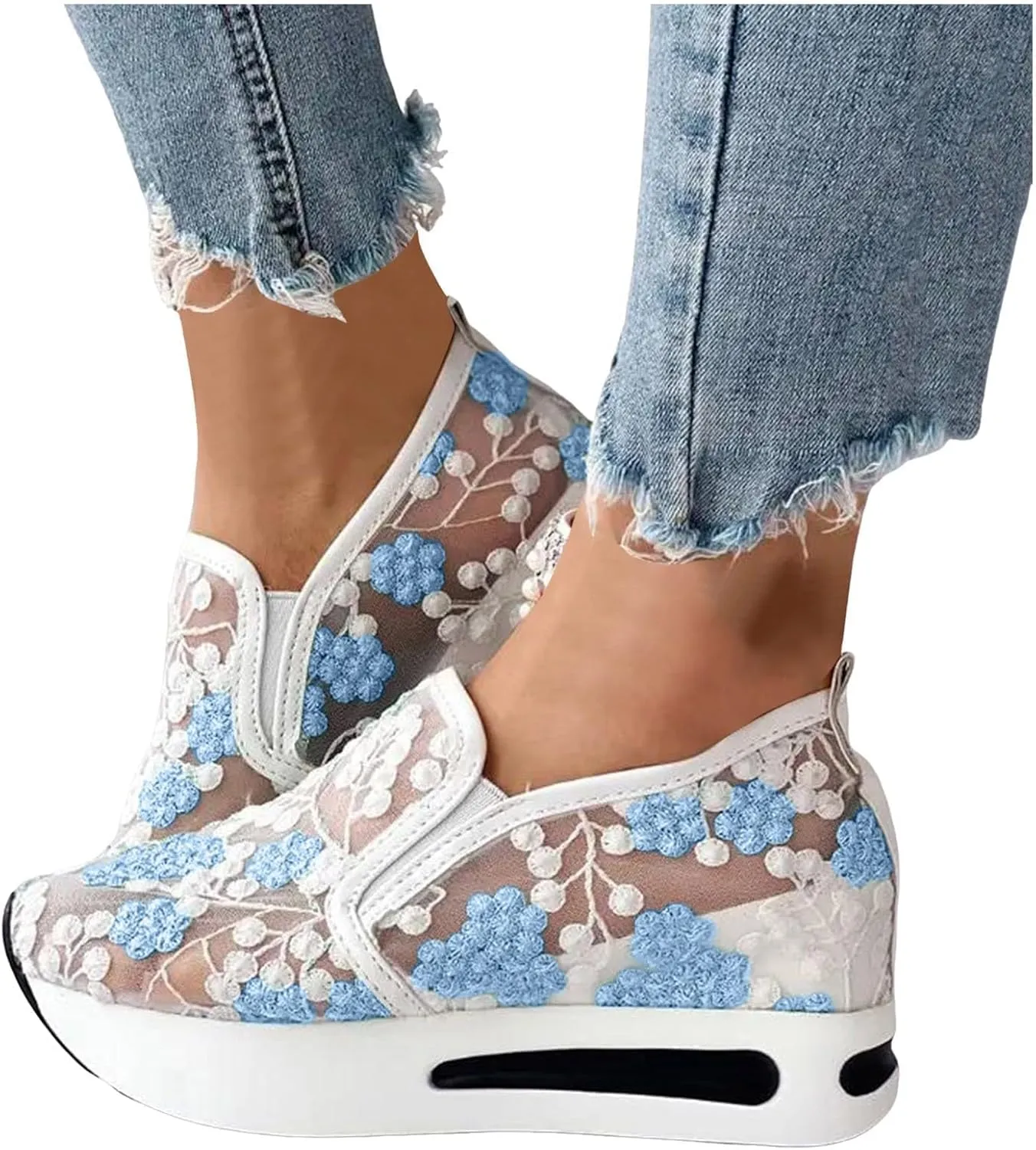 Platform Wedge Sneakers for Women Fashion Floral Embroidered Mesh Shoe Comfort Chunky Sole Hidden High Heels Slip On Loafers Dressy Casual Breathable Walking Shoes with Arch Support