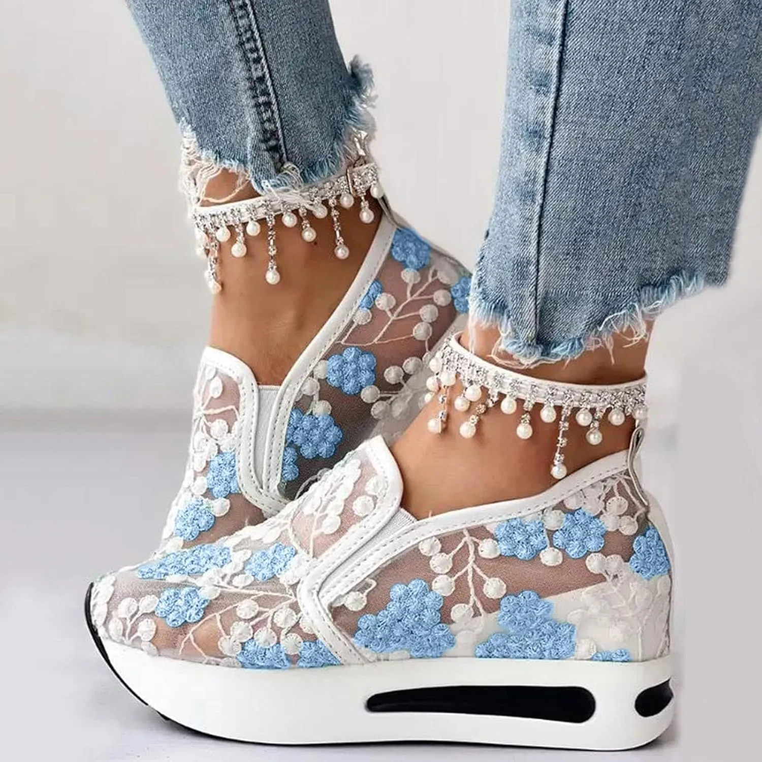 Platform Wedge Sneakers for Women Fashion Floral Embroidered Mesh Shoe Comfort Chunky Sole Hidden High Heels Slip On Loafers Dressy Casual Breathable Walking Shoes with Arch Support