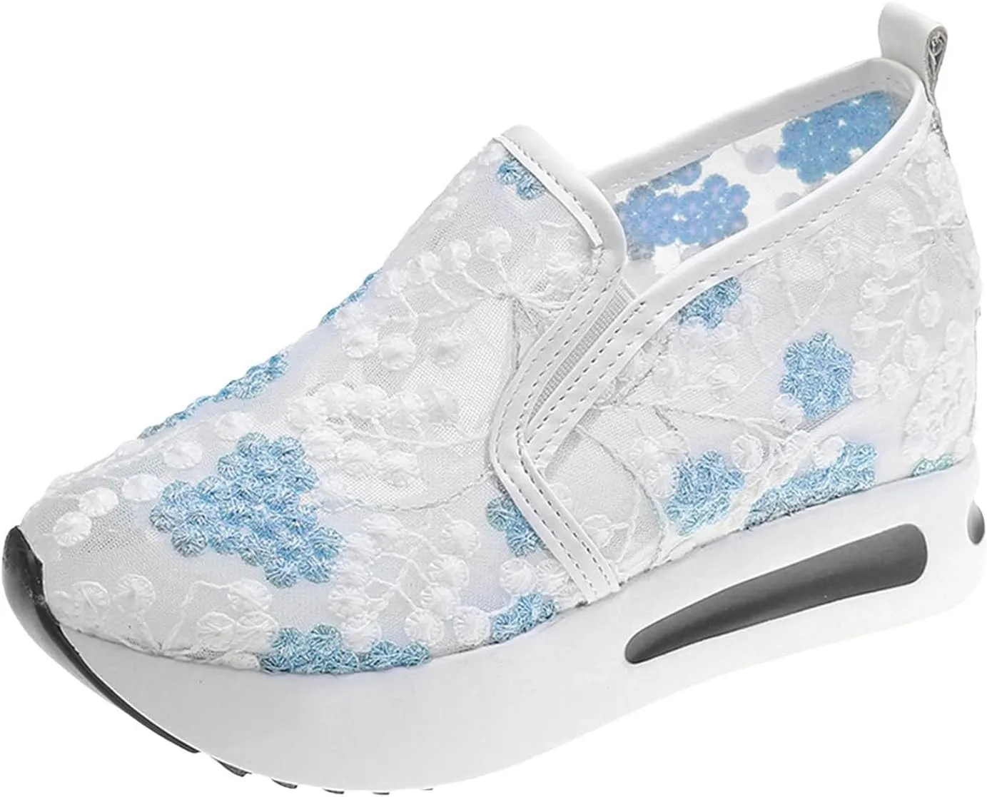 Platform Wedge Sneakers for Women Fashion Floral Embroidered Mesh Shoe Comfort Chunky Sole Hidden High Heels Slip On Loafers Dressy Casual Breathable Walking Shoes with Arch Support