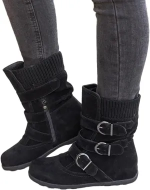 Rvidbe Womens Boots Mid Calf, Cowboy Boots for Women Square Toe, Snow Boots for Women Mid Calf Womens Fashion Winter Warm Snow Boots Comfortable Outdoor Waterproof Furry Boots Shoes