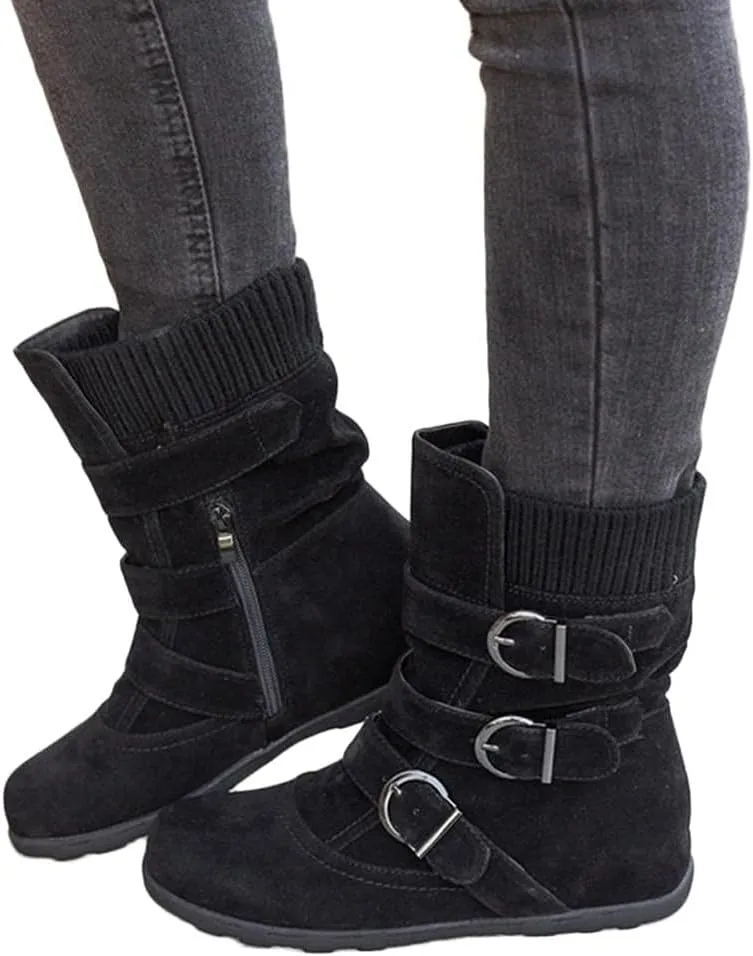 Rvidbe Womens Boots Mid Calf, Cowboy Boots for Women Square Toe, Snow Boots for Women Mid Calf Womens Fashion Winter Warm Snow Boots Comfortable Outdoor Waterproof Furry Boots Shoes