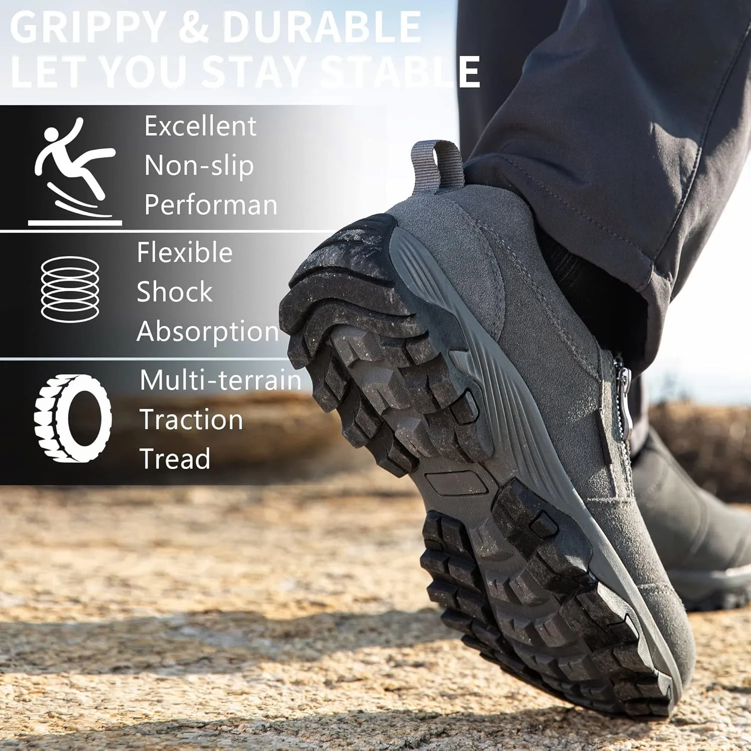 SHULOOK Men's Waterproof Slip On Hiking Shoes Lightweight Zipper Loafers Comfort Non-Slip Outdoor Shoe