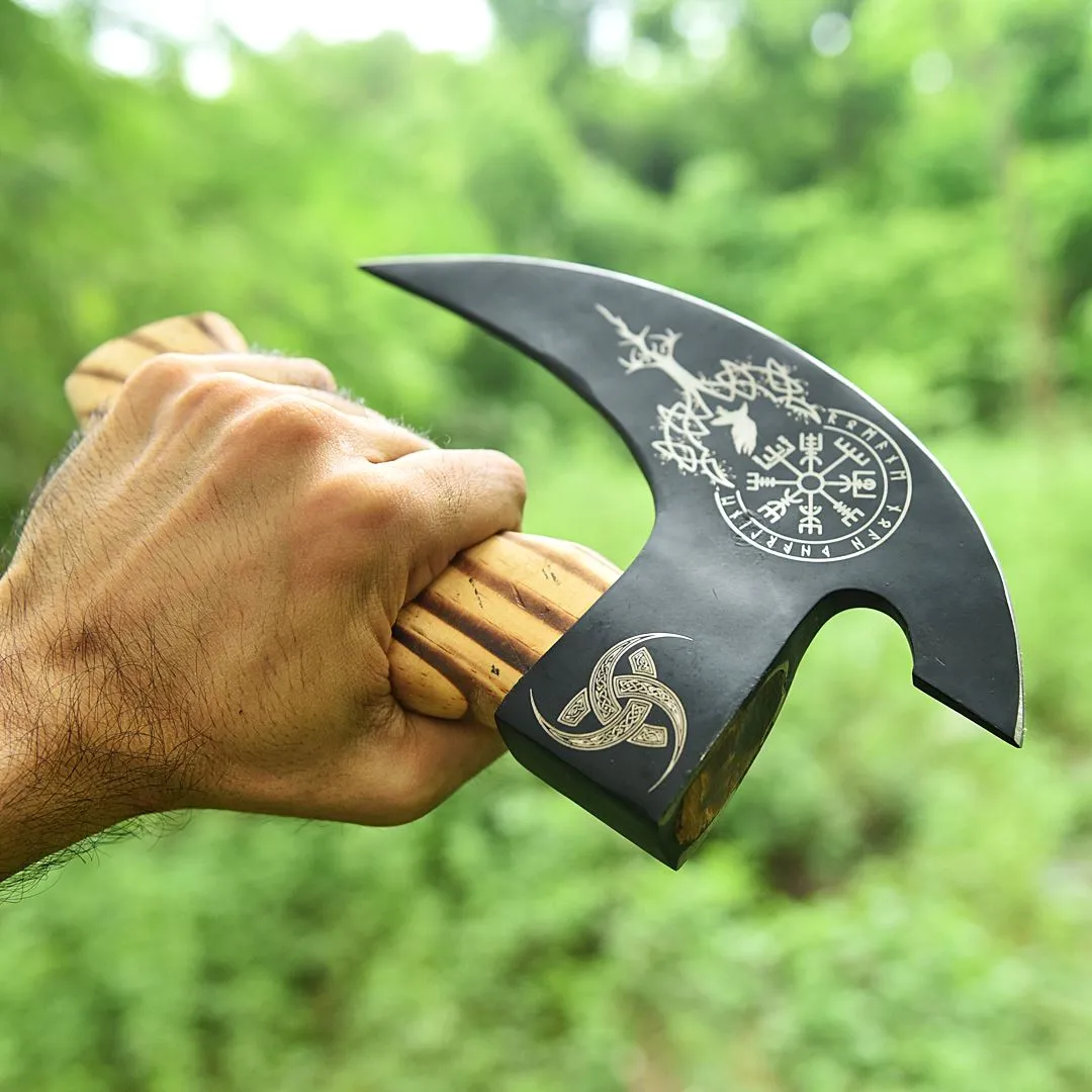 Small Forged Carbon Steel Pizza Cutter Axe with Burn Ash Wood Shaft - Viking Axe