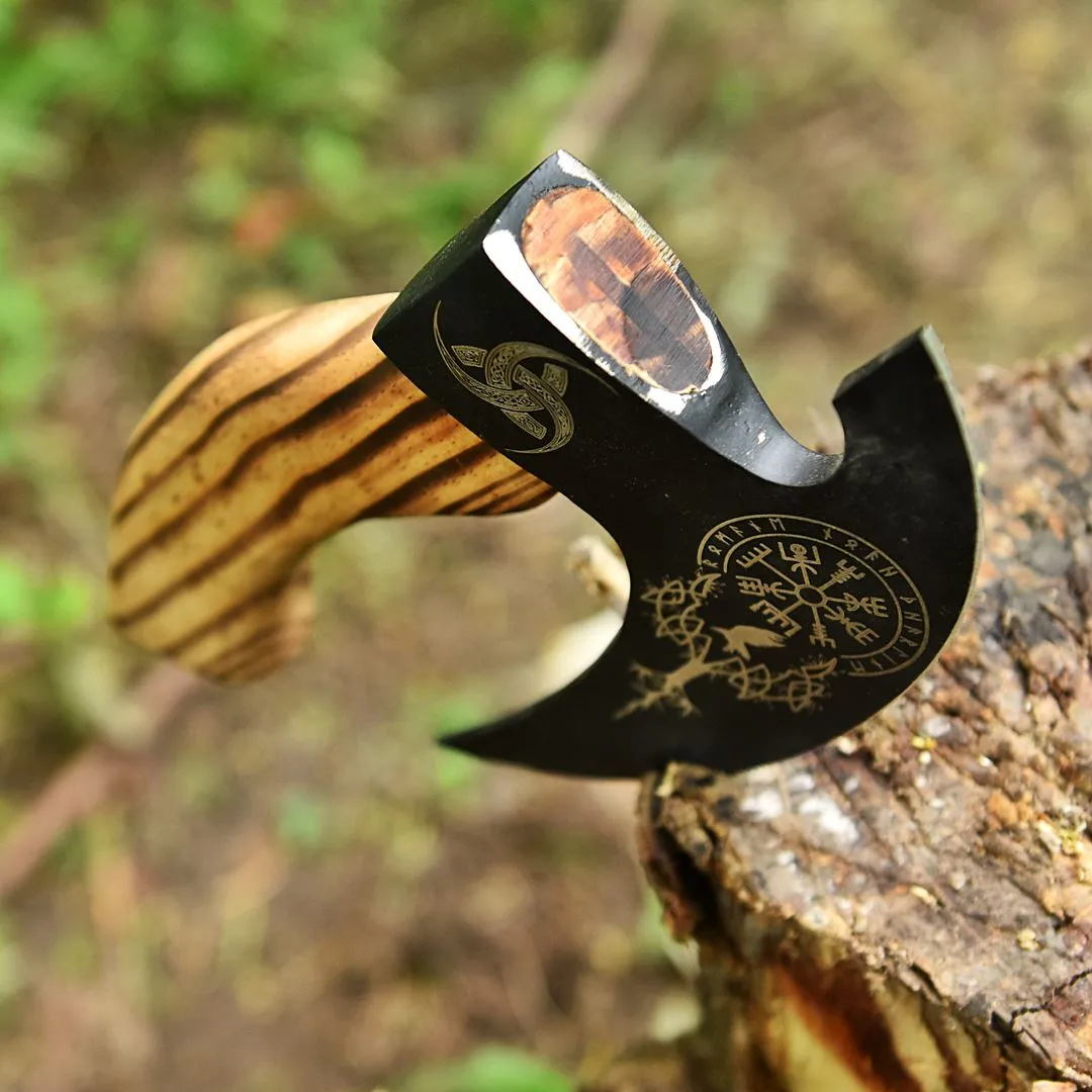 Small Forged Carbon Steel Pizza Cutter Axe with Burn Ash Wood Shaft - Viking Axe