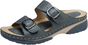 Smoneyful Women's Faux Leather Sandals Arch Support Summer Breathable Adjustable Slip On Orthopedic Diabetic Wedge Casual Anti Slip Open Toe Dressy Flat Walking Beach Sandals