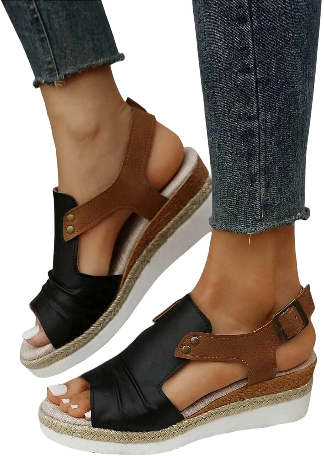 Smoneyful Womens Orthopedic Platform Wedge Sandals 2025 Summer Dressy Flat Open Toe Ankle Strap Espadrilles Strappy Slip on Arch Support Beach Boho Casual Outdoor Comfortable