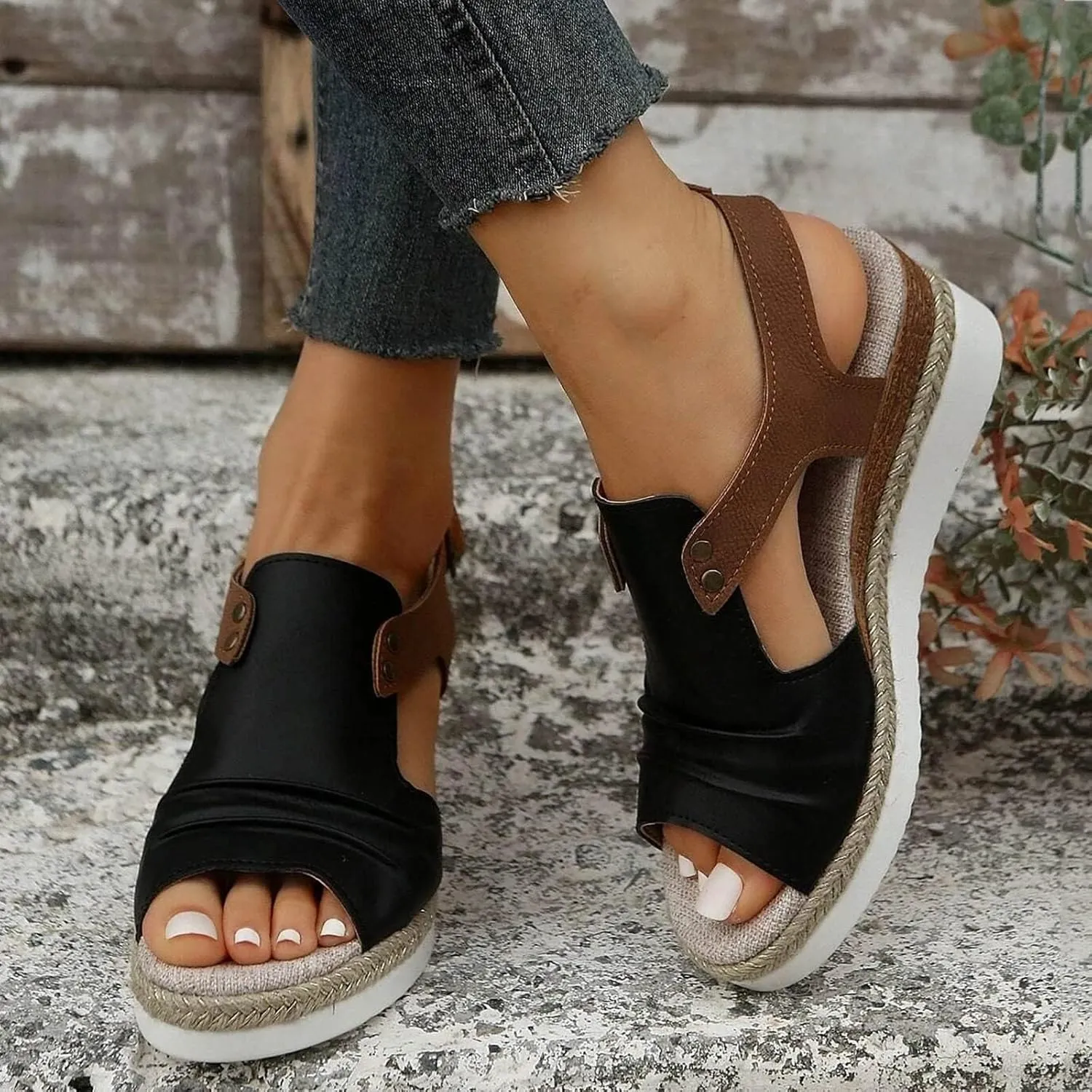 Smoneyful Womens Orthopedic Platform Wedge Sandals 2025 Summer Dressy Flat Open Toe Ankle Strap Espadrilles Strappy Slip on Arch Support Beach Boho Casual Outdoor Comfortable