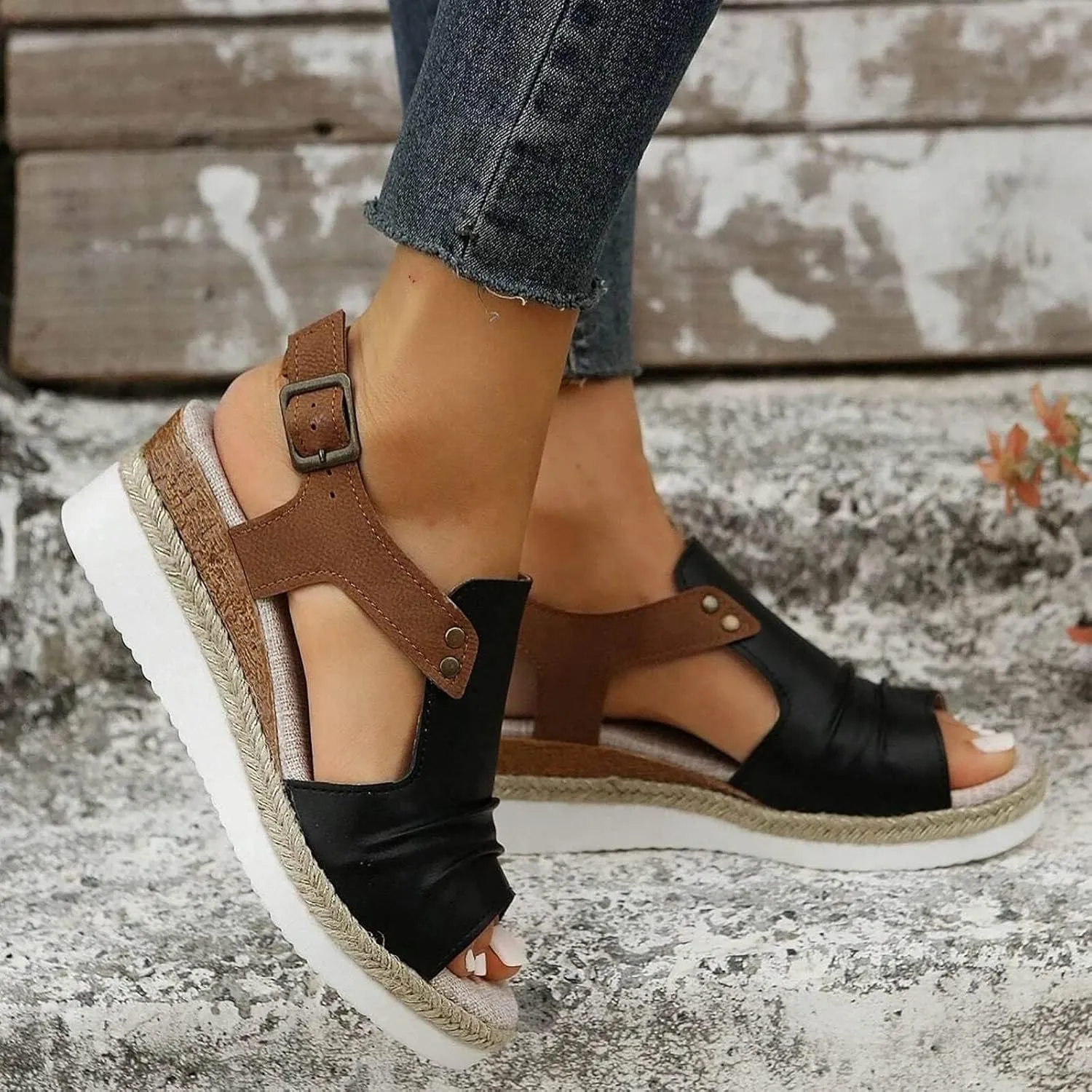 Smoneyful Womens Orthopedic Platform Wedge Sandals 2025 Summer Dressy Flat Open Toe Ankle Strap Espadrilles Strappy Slip on Arch Support Beach Boho Casual Outdoor Comfortable