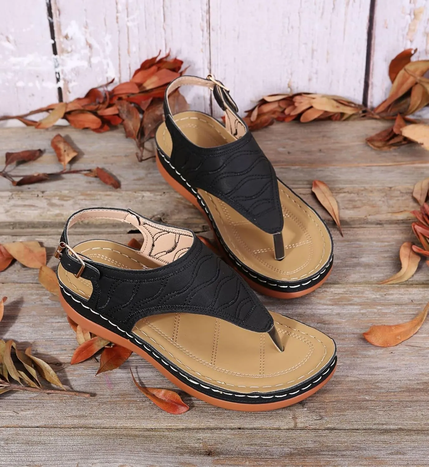 Smoneyful Women's Orthopedic Sandals Arch Support Anti Slip Breathable Vintage Slip On Flip Flops High Arch Wedge Dressy Summer Casual Walking Beach Flat Sandals