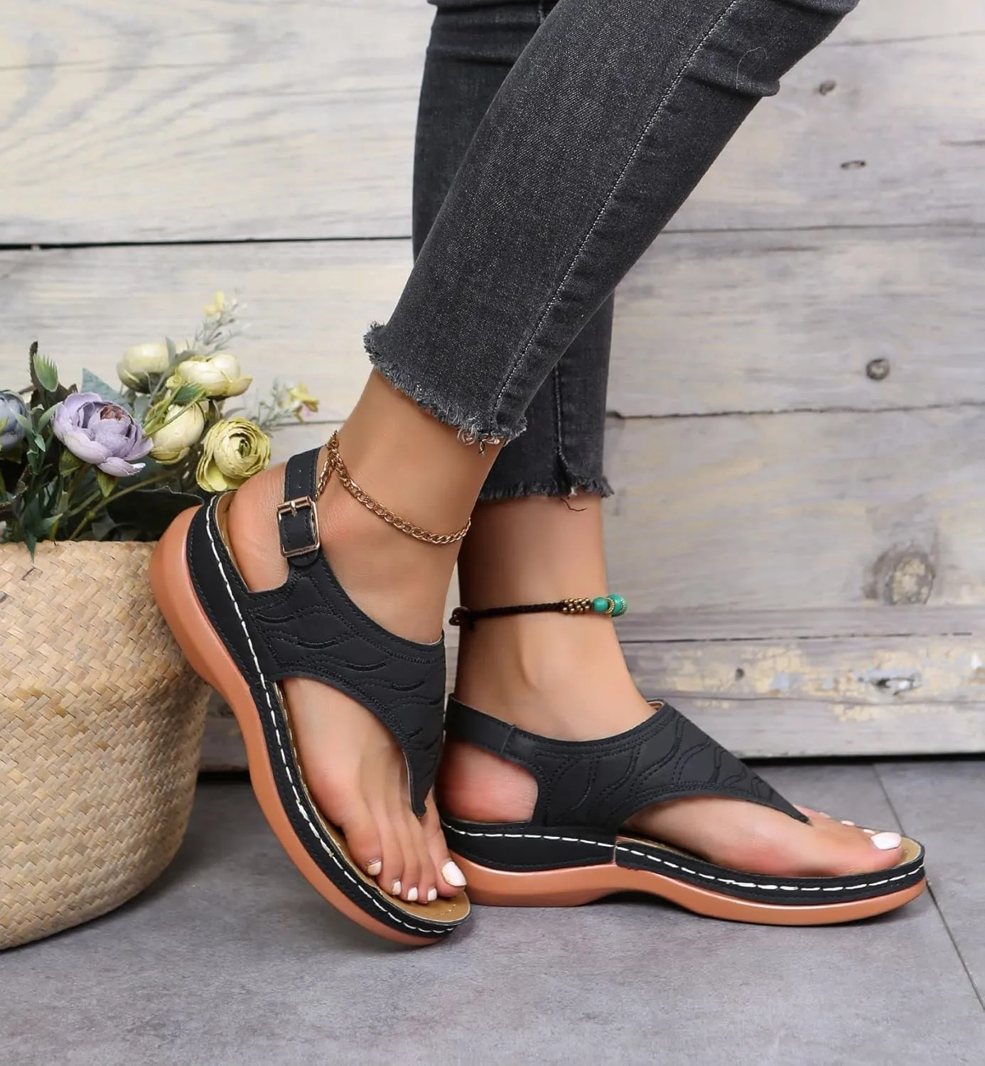 Smoneyful Women's Orthopedic Sandals Arch Support Anti Slip Breathable Vintage Slip On Flip Flops High Arch Wedge Dressy Summer Casual Walking Beach Flat Sandals