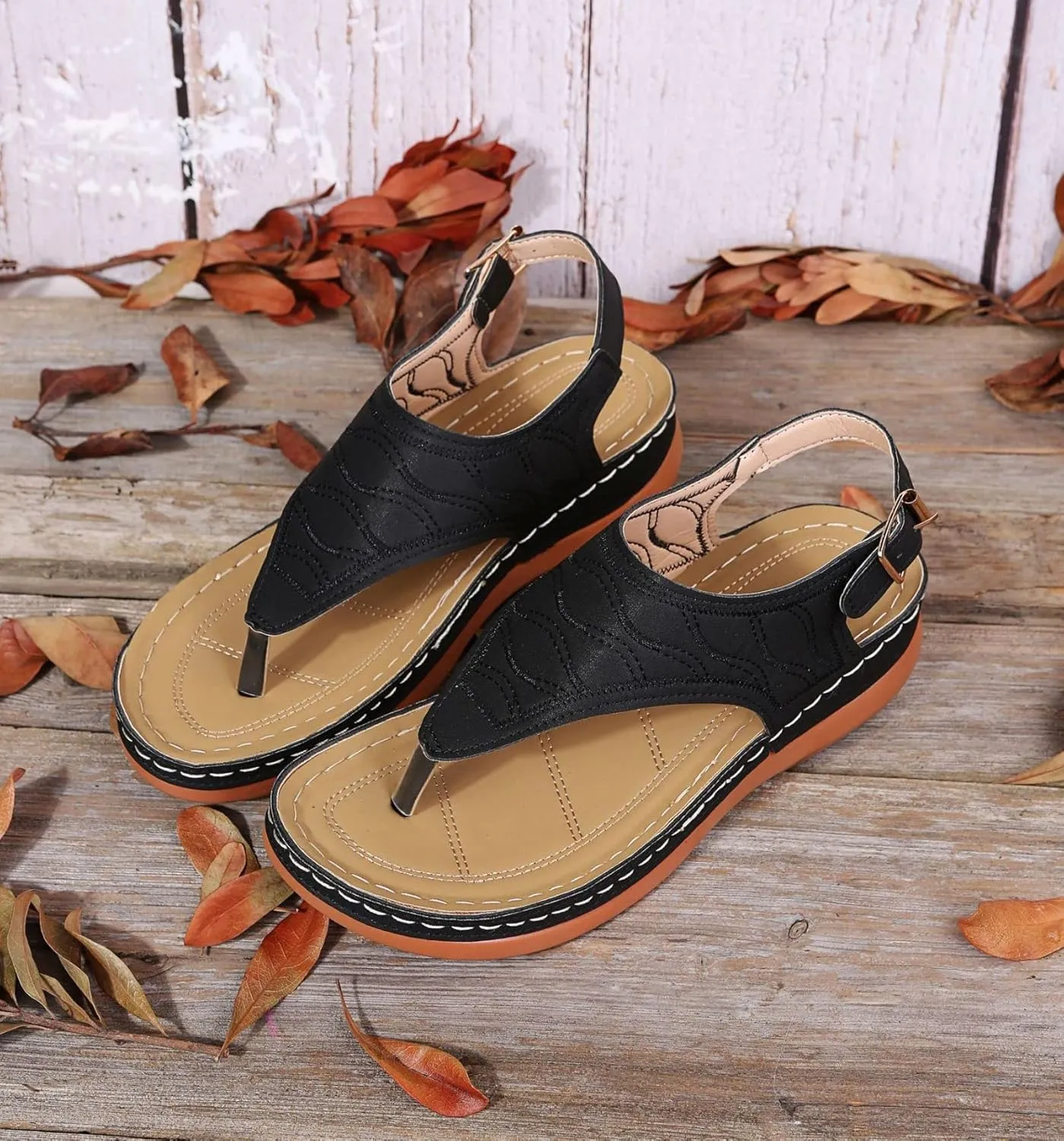 Smoneyful Women's Orthopedic Sandals Arch Support Anti Slip Breathable Vintage Slip On Flip Flops High Arch Wedge Dressy Summer Casual Walking Beach Flat Sandals
