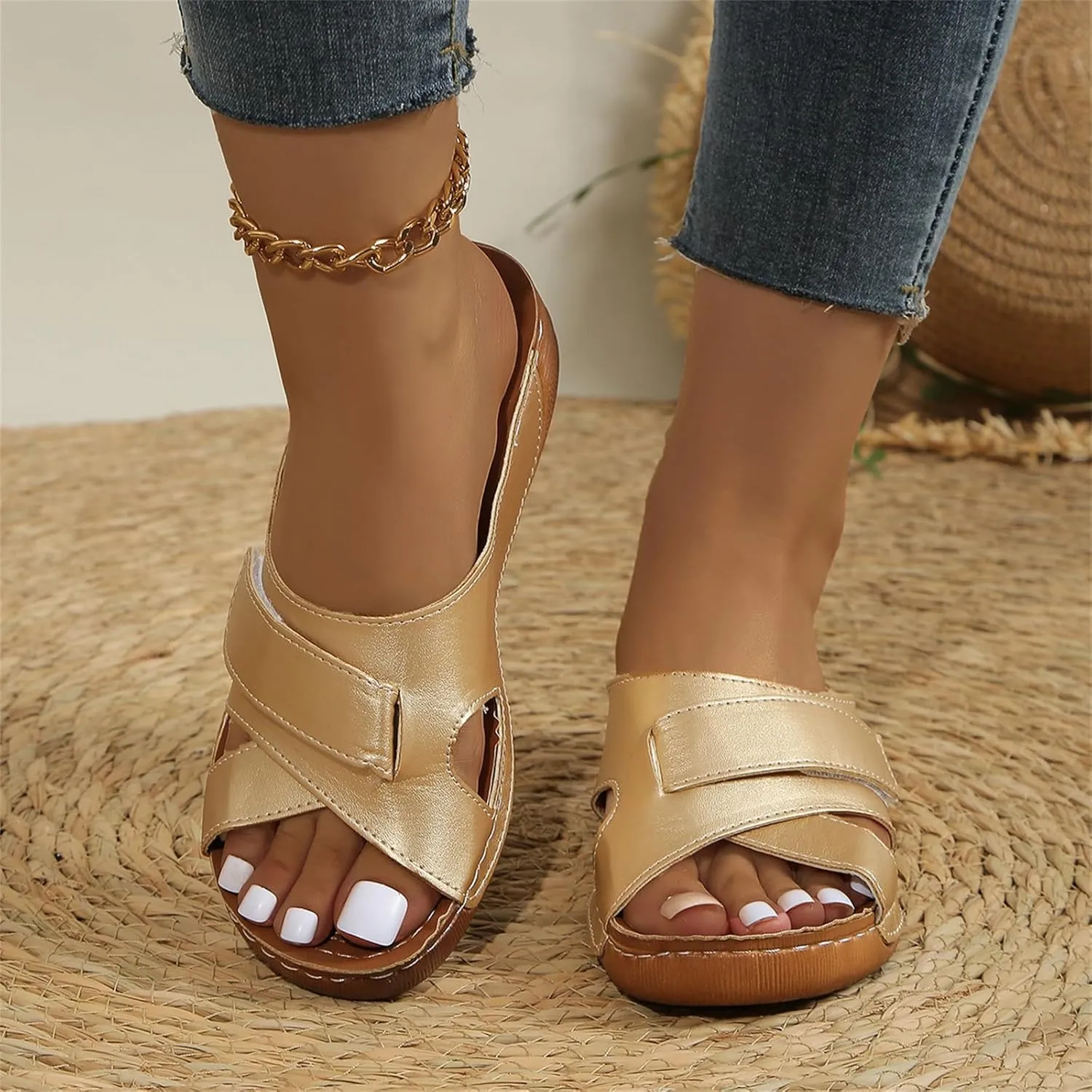 Smoneyful Womens Sandals 2025 Summer Dressy Platform Wedge Espadrille Open Toe Wedge Heels Anti Slip Comfortable Casual Walking Orthopedic Boho Beach Uptown Sunset Slide Sandals