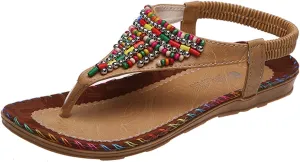 Smoneyful Women's Sandals Colorful Beaded Bohemian Elastic Ankle Strap Flat Thong Flip Flops Dressy Casual Slip On Summer Beach Roman Pearled Sandals