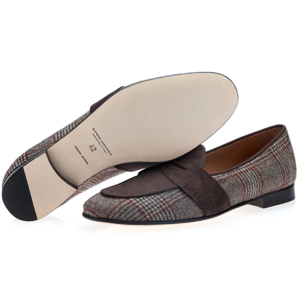 SUPERGLAMOUROUS Tangerine 9 Tartan Men's Shoes Wool / Suede Leather Penny Belgian Loafers (SPGM1336)