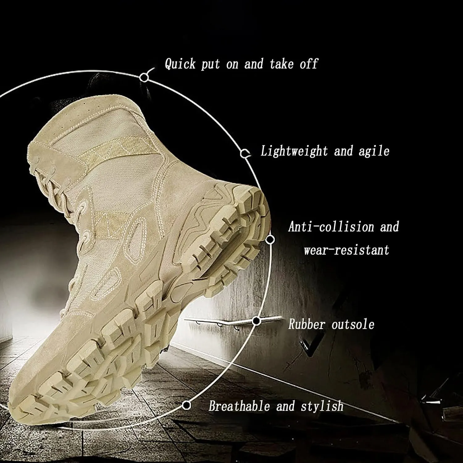 Tactical Military Boots for Men, Breathable Non-slip Wear-resistant Rubber Sole High-top Desert Combat Shoes, for Comfortable Side Zipper Hiking Shoes