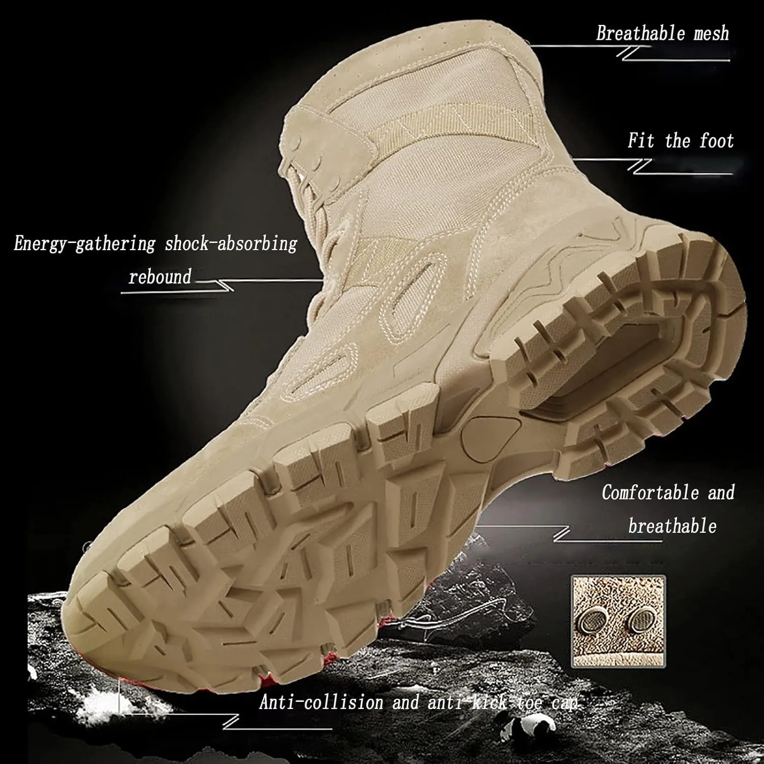 Tactical Military Boots for Men, Breathable Non-slip Wear-resistant Rubber Sole High-top Desert Combat Shoes, for Comfortable Side Zipper Hiking Shoes