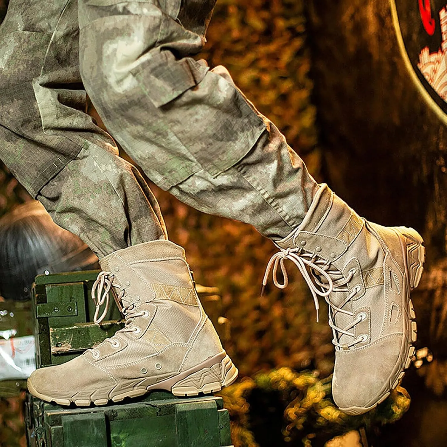 Tactical Military Boots for Men, Breathable Non-slip Wear-resistant Rubber Sole High-top Desert Combat Shoes, for Comfortable Side Zipper Hiking Shoes